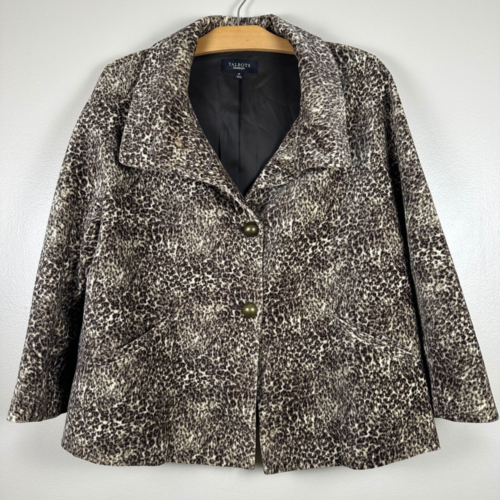 Talbots Women's 14 Blazer Brown Leopard Animal Print Cotton Button Front Jacket